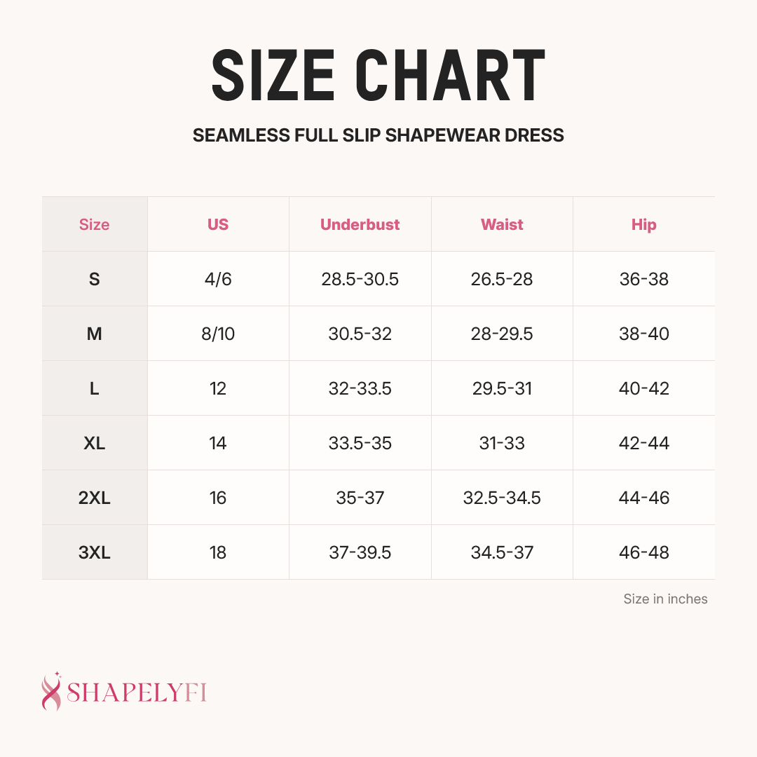 Seamless Full Slip Shapewear Dress size chart
