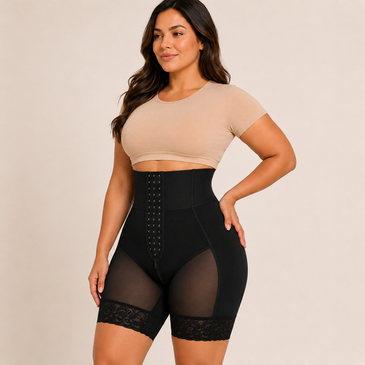 High-Waist Lace Butt Lifter Shorts black front model view