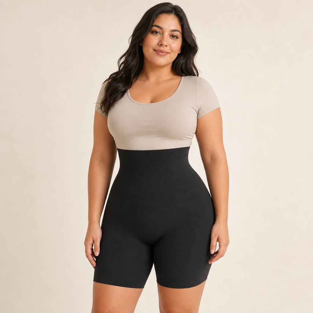High-Waist Mid-Thigh Shaping Shorts hero front worn view