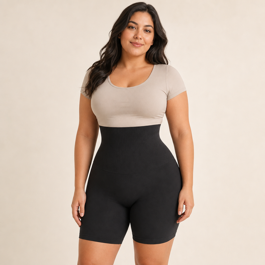 High-Waist Mid-Thigh Shaping Shorts hero front worn view