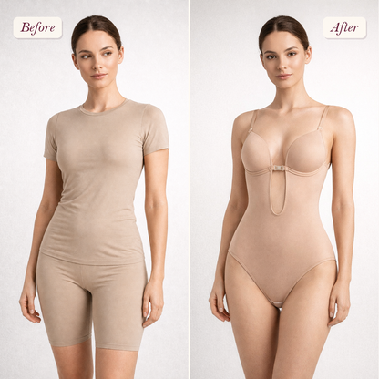 Shapelyfi Deep V Backless Shaping Bodysuit - before and after fit comparison