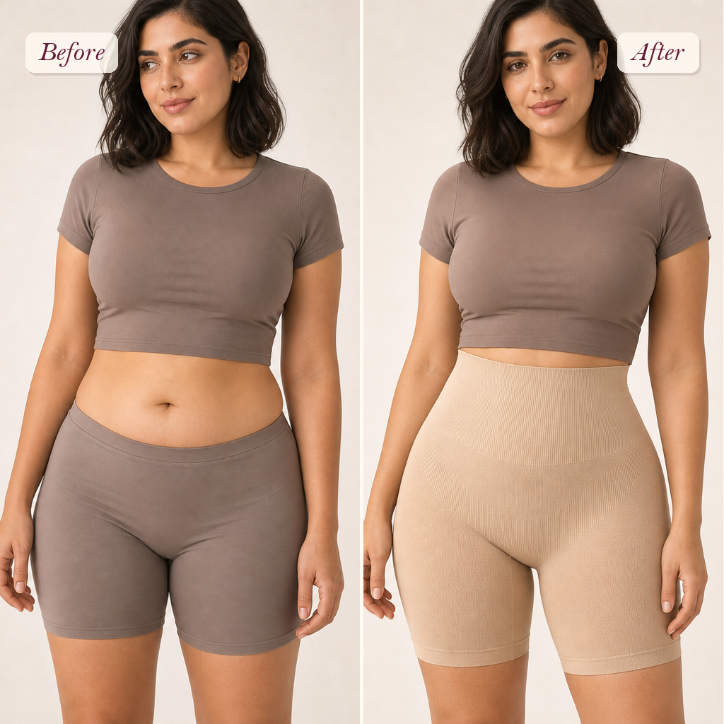 Shapelyfi High-Waist Boyshort Shaping Shorts - before and after fit comparison