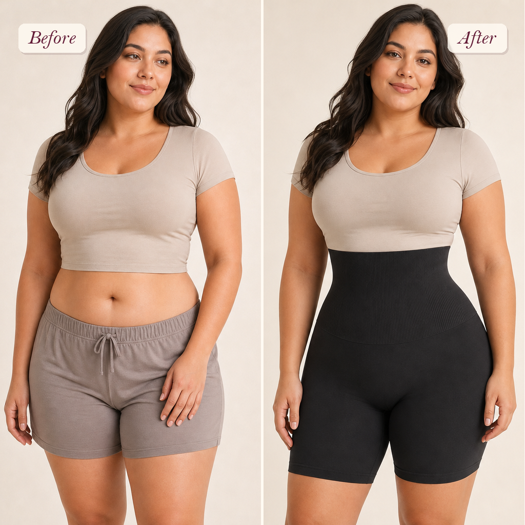 Shapelyfi High-Waist Mid-Thigh Shaping Shorts - before and after fit comparison