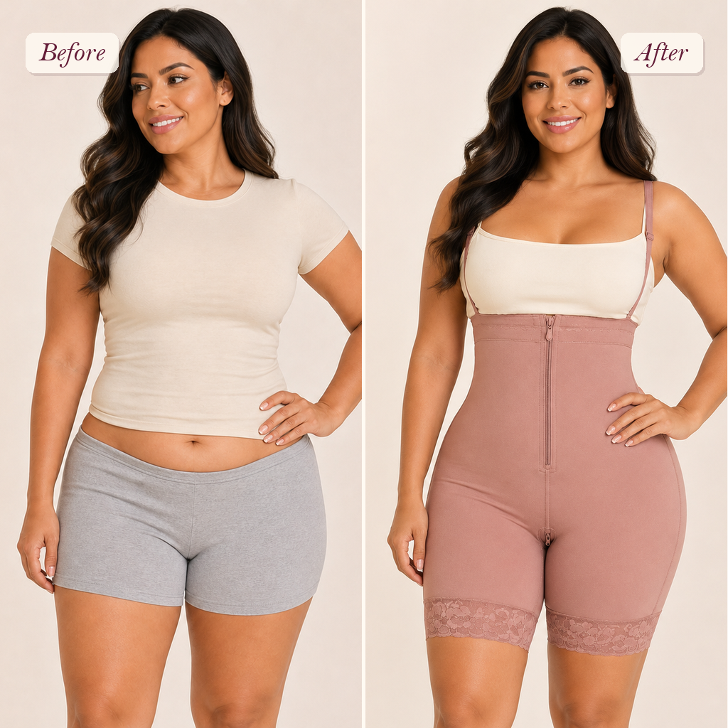 Shapelyfi Open-Bust Tummy Control Compression Shaper - before and after fit comparison