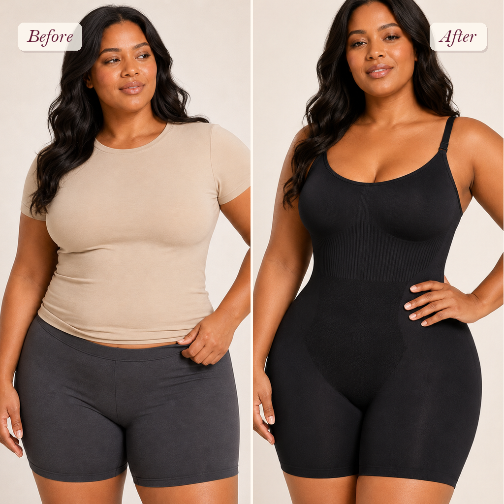 Shapelyfi Seamless Full Body Shaping Bodysuit - before and after fit comparison