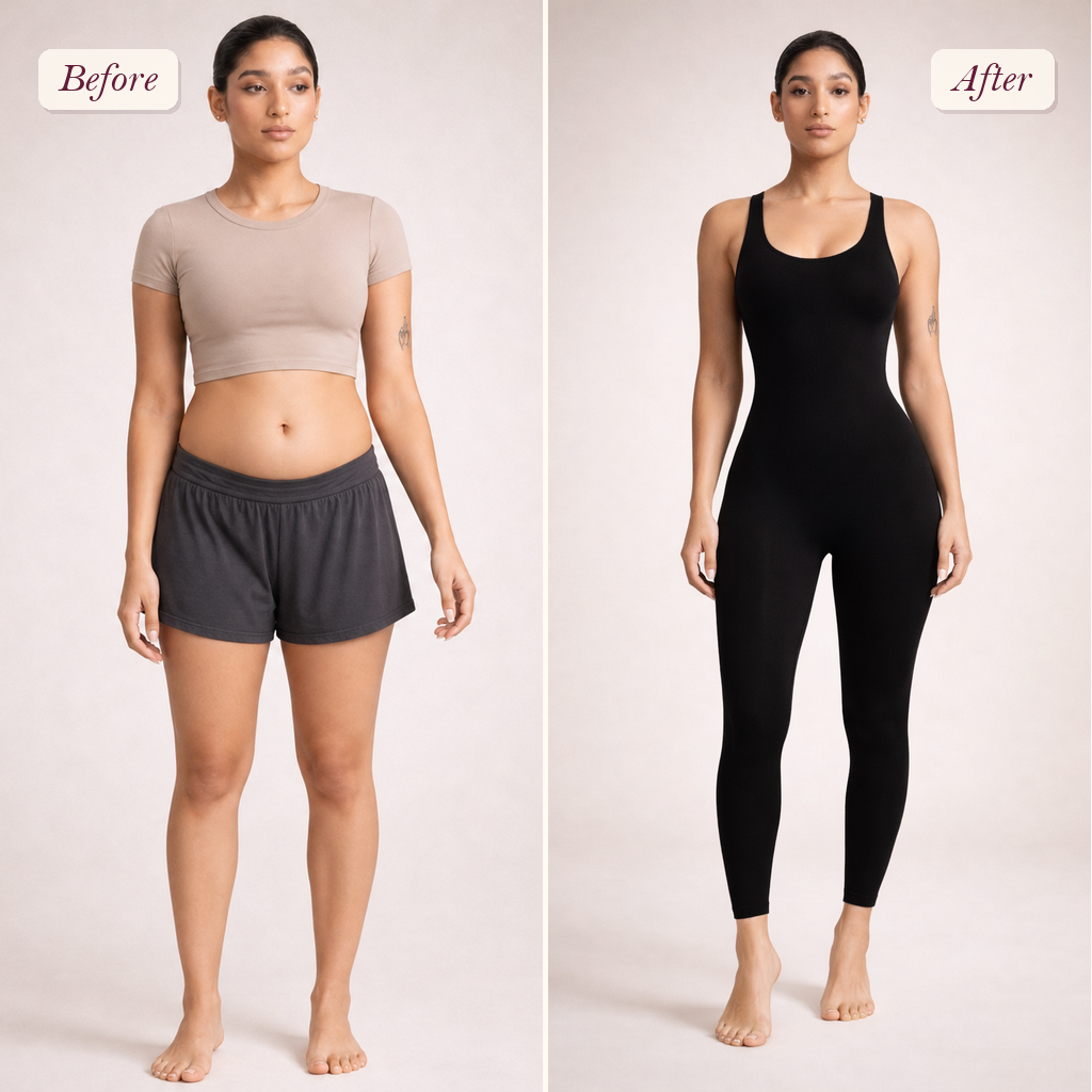 Shapelyfi Seamless Full-Length Shaping Bodysuit - before and after fit comparison