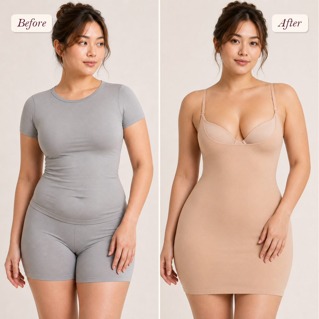 Shapelyfi Seamless Full Slip Shapewear Dress - before and after fit comparison