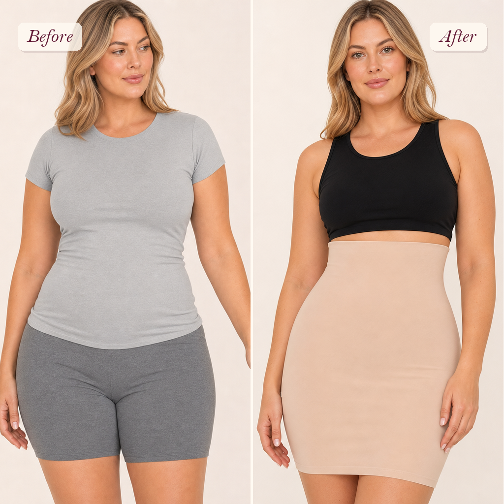 Shapelyfi Seamless High-Waist Shaping Half Slip - before and after fit comparison