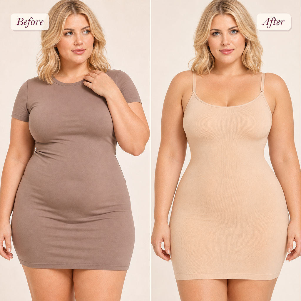 Shapelyfi Seamless Shaping Slip Dress - before and after fit comparison