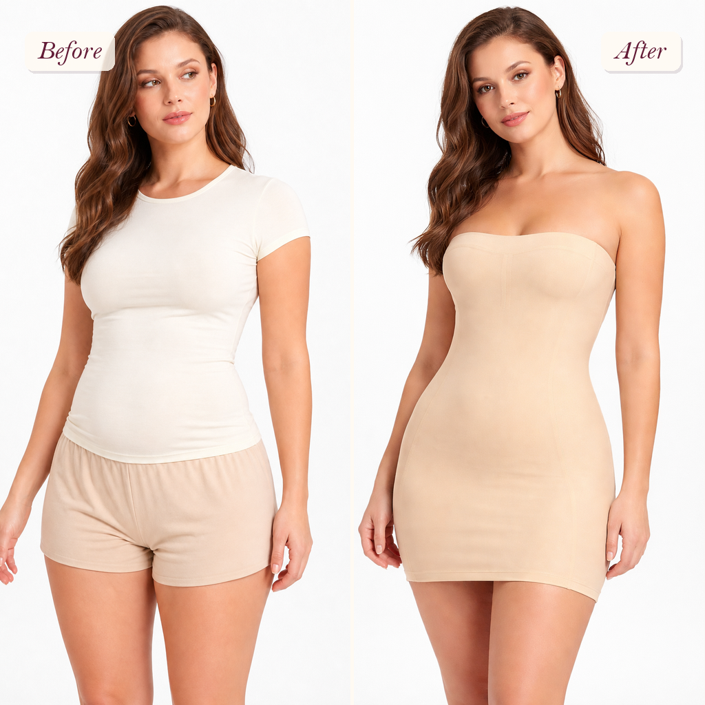 Shapelyfi Strapless Seamless Shaping Slip Dress - before and after fit comparison