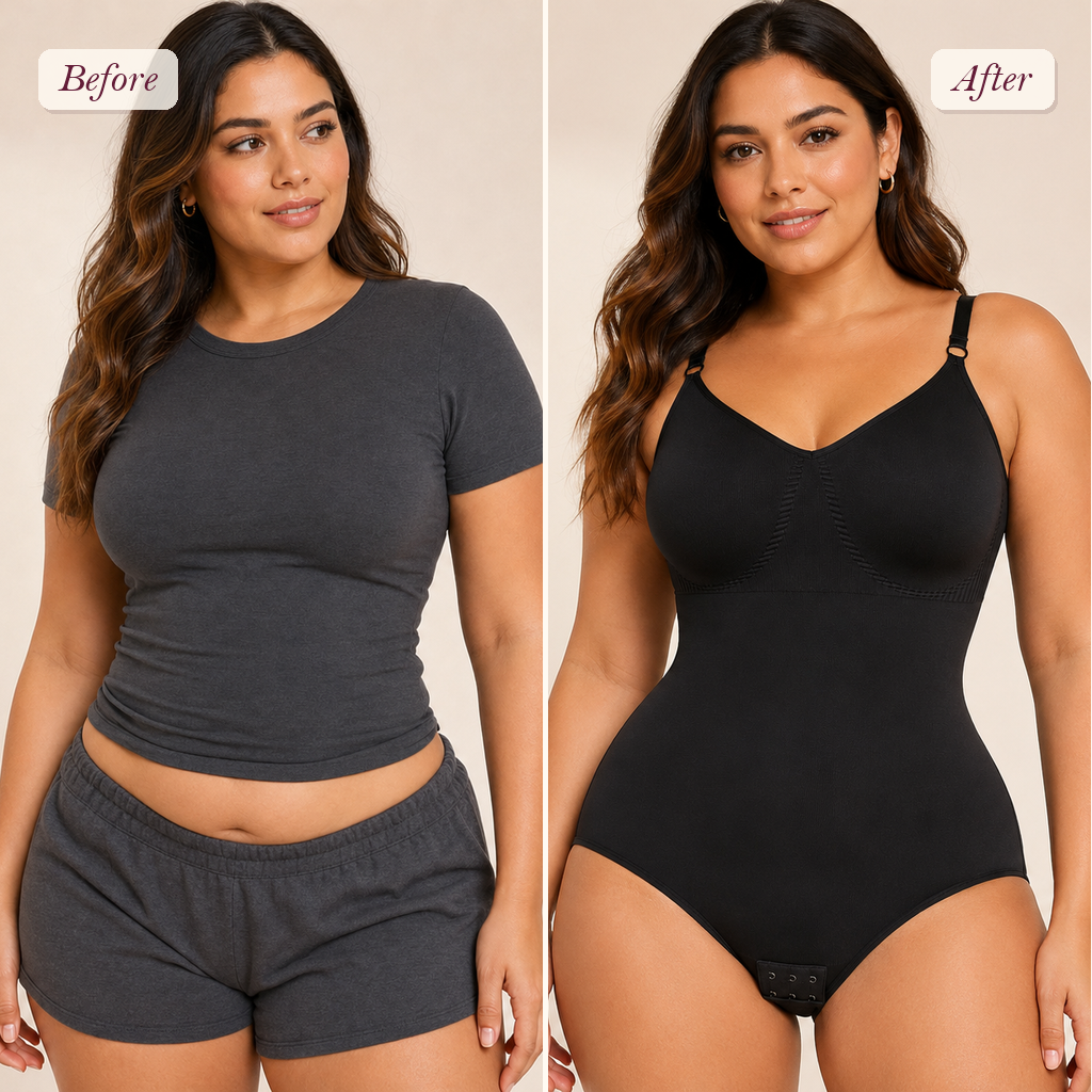 Shapelyfi Tummy Control Waist Trainer Bodysuit - before and after fit comparison