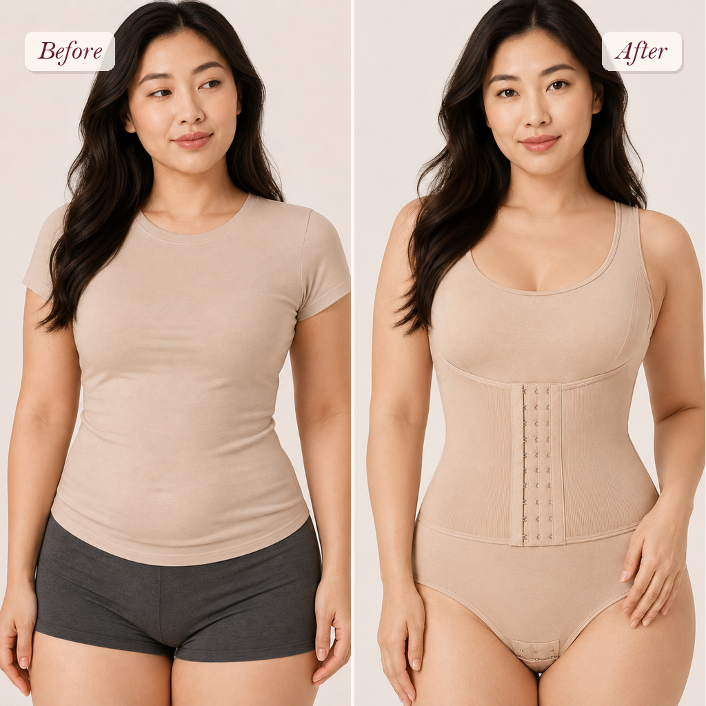 Shapelyfi Zipper Waist Trainer Shaping Bodysuit - before and after fit comparison