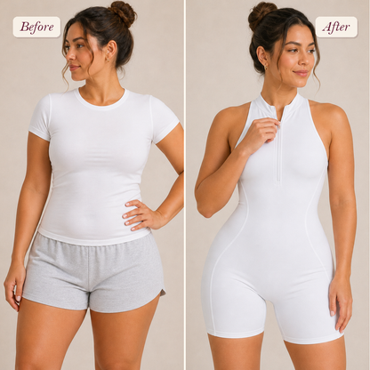 Shapelyfi Zippered Shaping Yoga Jumpsuit - before and after fit comparison