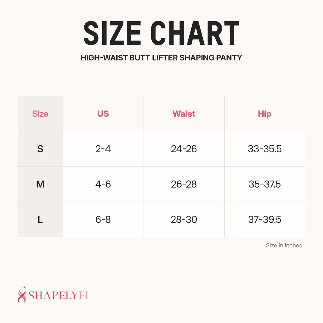 High-Waist Butt Lifter Shaping Panty size chart