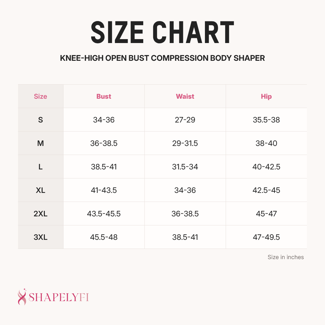 Knee-High Open Bust Compression Body Shaper size chart