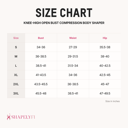 Knee-High Open Bust Compression Body Shaper size chart