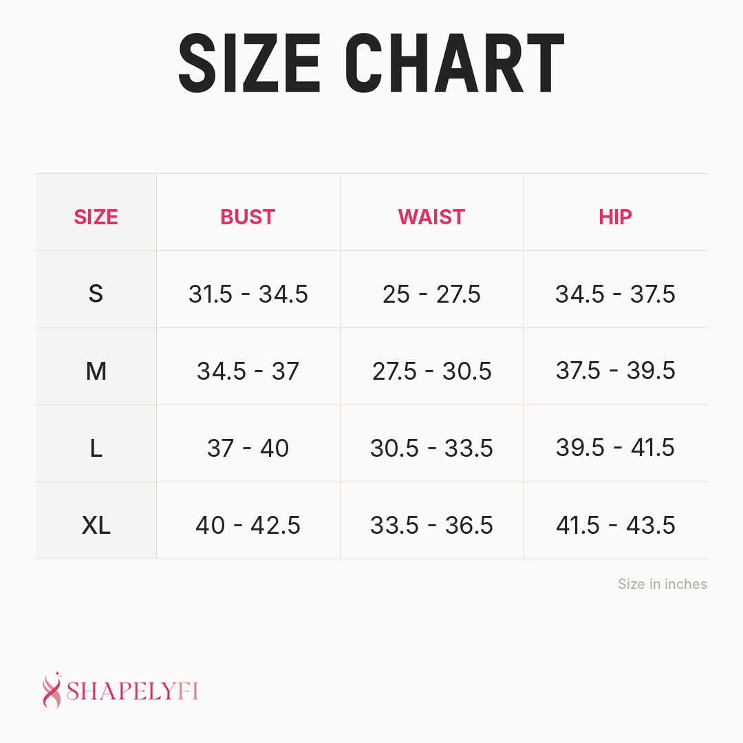 Tummy Control Waist Trainer Bodysuit size chart