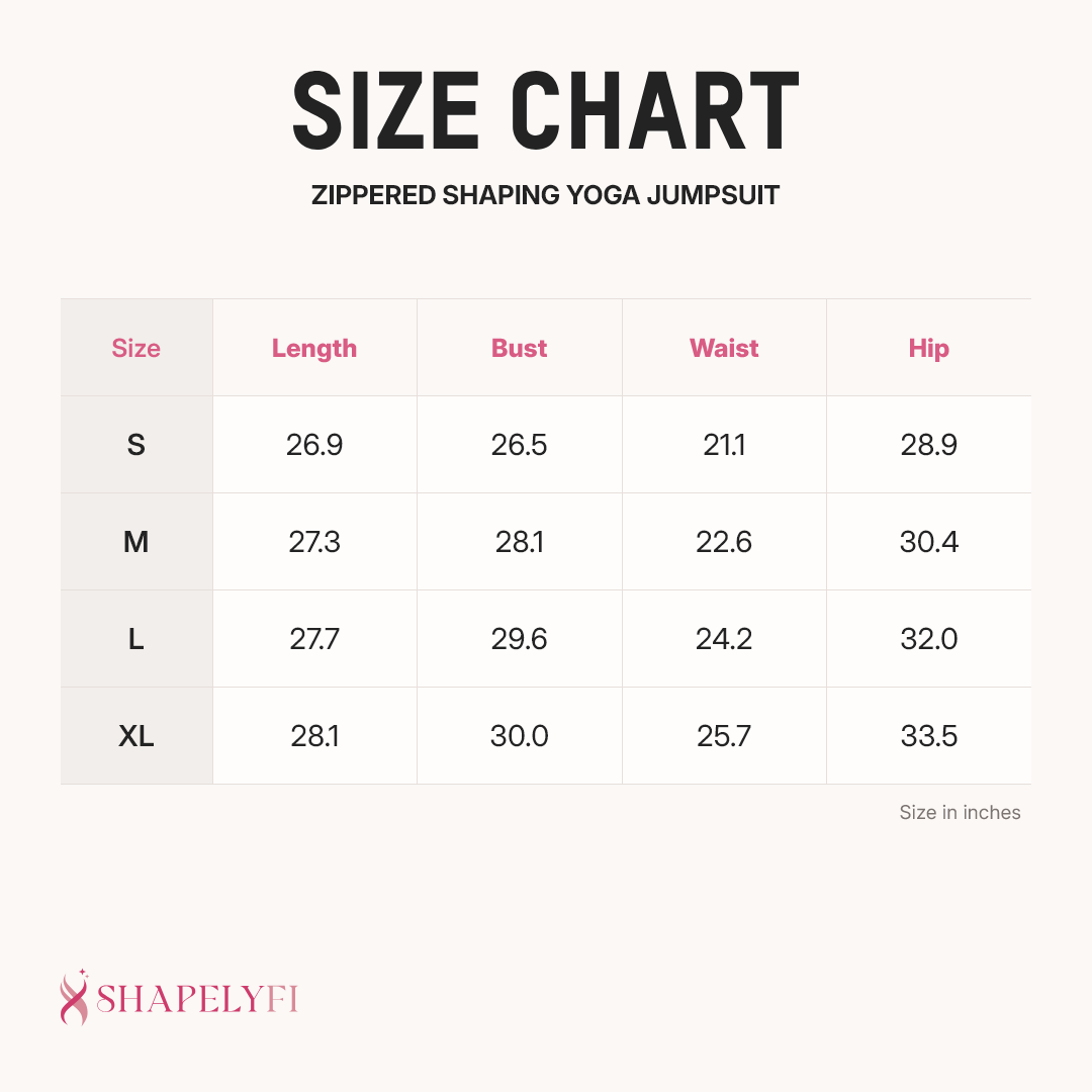 Zippered Shaping Yoga Jumpsuit size chart