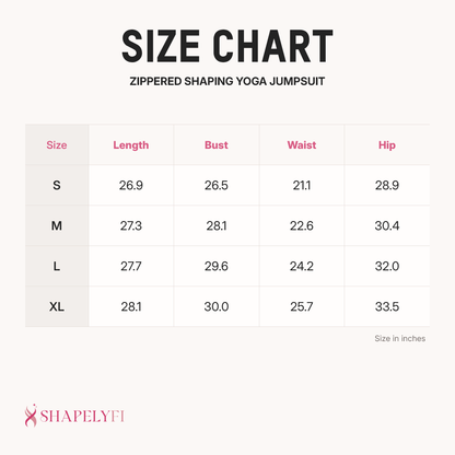 Zippered Shaping Yoga Jumpsuit size chart
