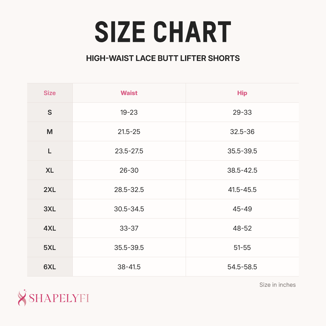 High-Waist Lace Butt Lifter Shorts size chart