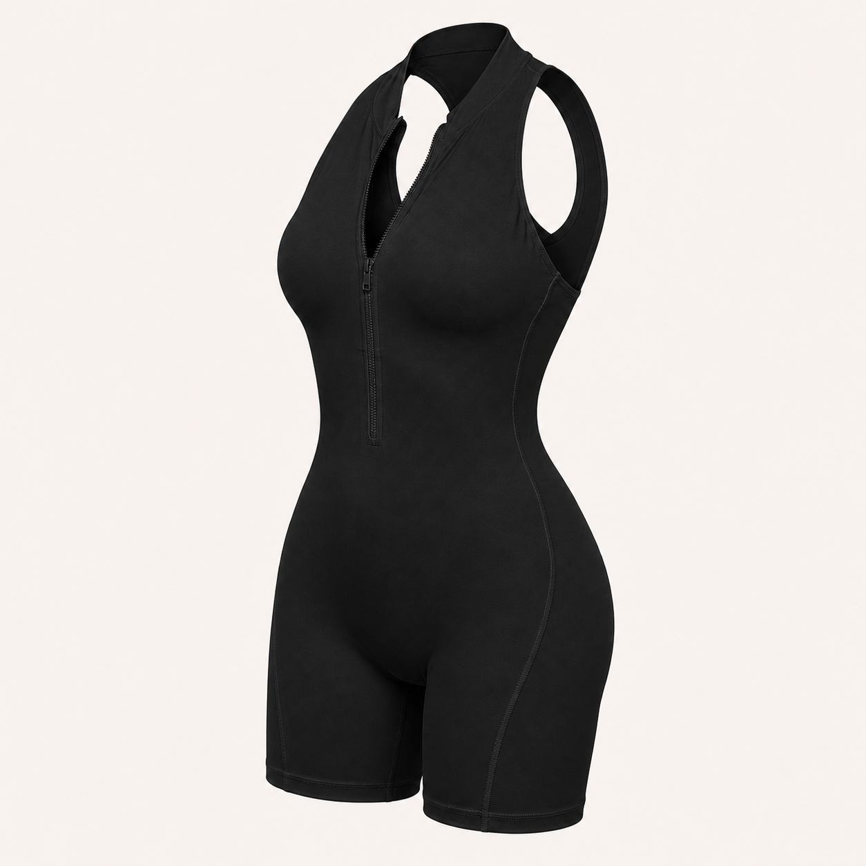 Zippered Shaping Yoga Jumpsuit Midnight Black color