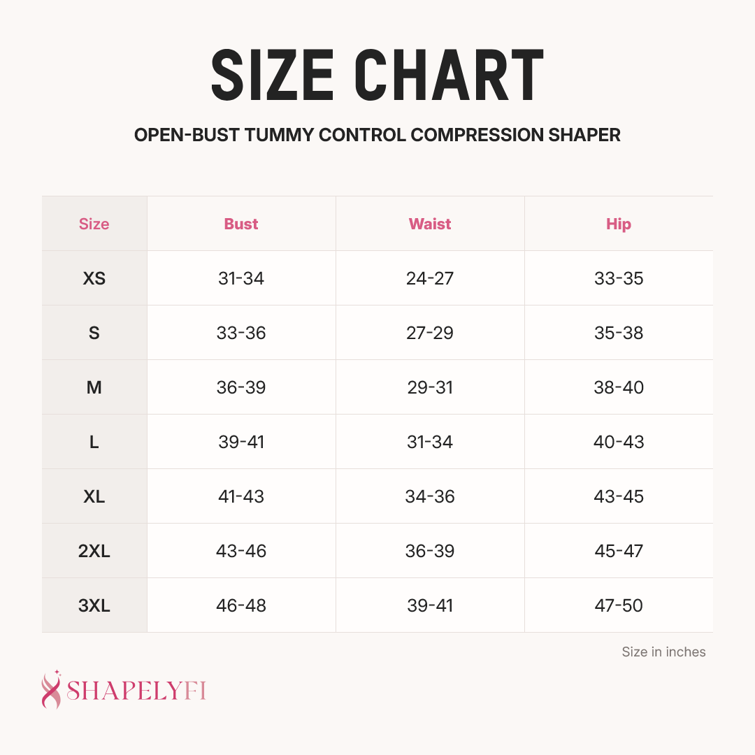 Open-Bust Tummy Control Compression Shaper size chart