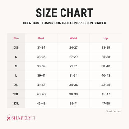 Open-Bust Tummy Control Compression Shaper size chart